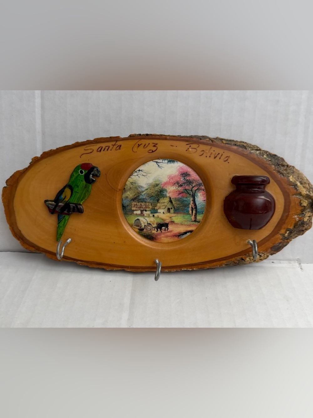 Santa Cruz Bolivia Green Parrot Wood Wall Hook Plaque with Scenic Inlay